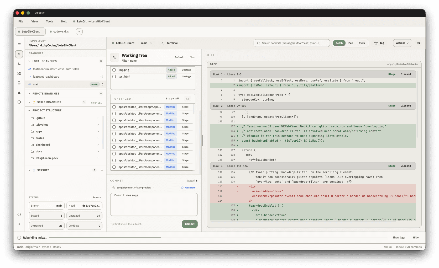 LetsGit changes view with inline diff